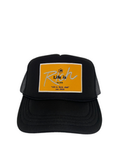 Load image into Gallery viewer, All Black with Gold Rich Box Logo- 5 Panel High Crown Kids Trucker Hat