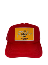Load image into Gallery viewer, Red with Gold Rich Box Logo - 5 Panel High Crown Kids Trucker Hat