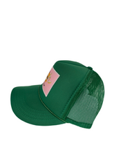 Load image into Gallery viewer, Kelly Green with Pink Rich Box Logo - 5 Panel High Crown Kids Trucker Hat