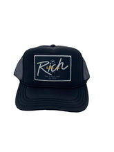 Load image into Gallery viewer, All Black with Black Rich Box logo- 5 Panel High Crown Kids Trucker Hat.