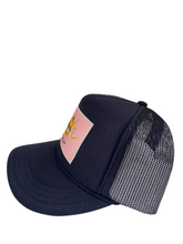 Load image into Gallery viewer, Navy Blue with Pink Rich Box Logo - 5 Panel High Crown Kids Trucker Hat