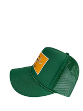 Load image into Gallery viewer, Kelly Green with Gold Rich Box Logo - 5 Panel High Crown Kids Trucker Hat