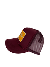 Load image into Gallery viewer, Burgundy with Gold Rich Box Logo - 5 Panel High Crown Kids Trucker Hat