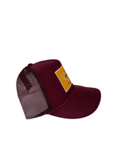 Load image into Gallery viewer, Burgundy with Gold Rich Box Logo - 5 Panel High Crown Kids Trucker Hat