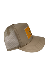 Load image into Gallery viewer, Khaki with Gold Rich Box Logo - 5 Panel High Crown Kids Trucker Hat