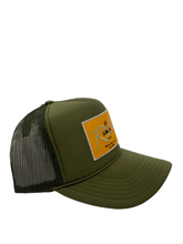 Load image into Gallery viewer, Olive Green with Gold Rich Box Logo- 5 Panel High Crown Trucker Hat
