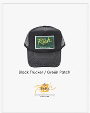 Load image into Gallery viewer, Black with Hunter Green Patch - 5 Panel High Crown RS Trucker Hat
