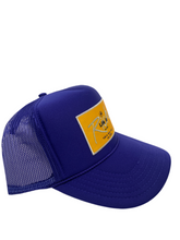 Load image into Gallery viewer, Purple with Gold Rich Box Logo- 5 Panel High Crown Trucker Hat
