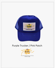 Load image into Gallery viewer, Purple with Pink Patch- 5 Panel High Crown RS Trucker Hat
