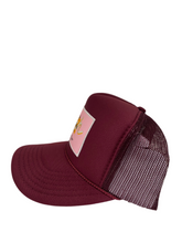 Load image into Gallery viewer, Maroon Wine with Pink Rich Box Logo - 5 Panel High Crown Trucker Hat
