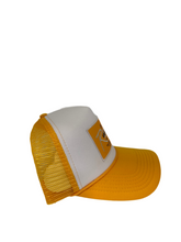 Load image into Gallery viewer, Two Toned Golden Yellow &amp; White with Gold Rich Box Logo - 5 Panel High Crown Trucker Hat
