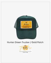 Load image into Gallery viewer, Hunter Green with Gold Patch - 5 Panel High Crown RS Trucker Hat
