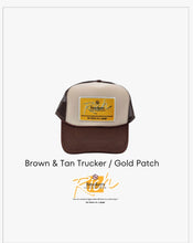 Load image into Gallery viewer, Two Toned Brown &amp; Tan with Gold Patch - 5 Panel High Crown RS Trucker Hat
