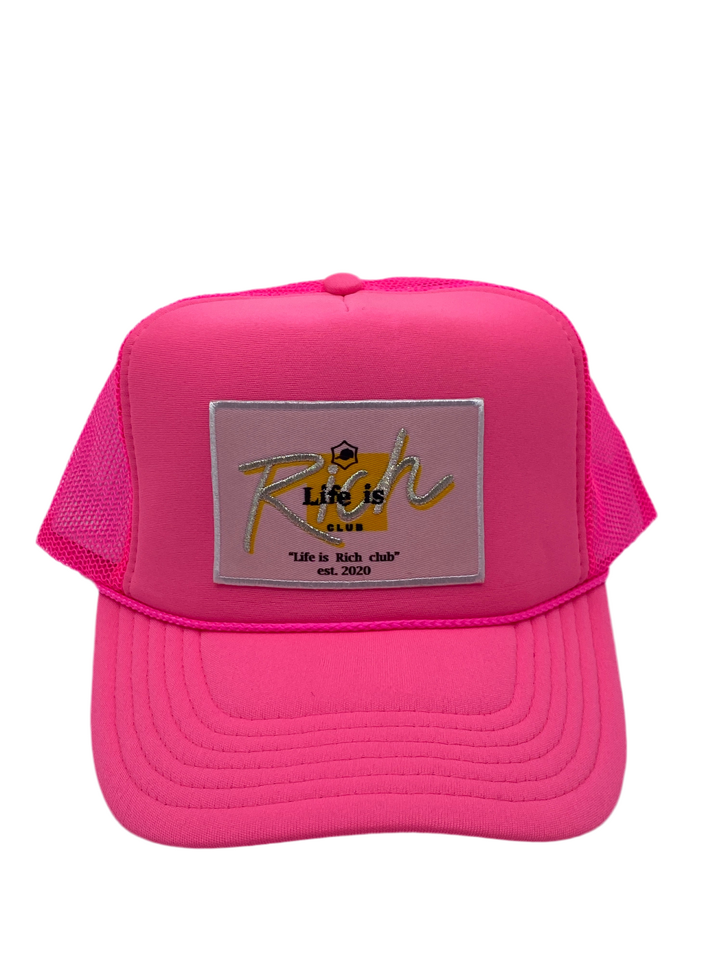 Neon Hot Pink with Pink Patch - 5 Panel High Crown RS Trucker Hat