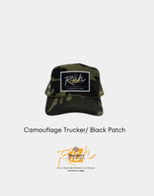 Load image into Gallery viewer, Camouflage with Black Patch - 5 Panel High Crown RS Trucker Hat
