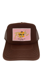 Load image into Gallery viewer, Brown with Pink Rich Box Logo- 5 Panel High Crown Trucker Hat
