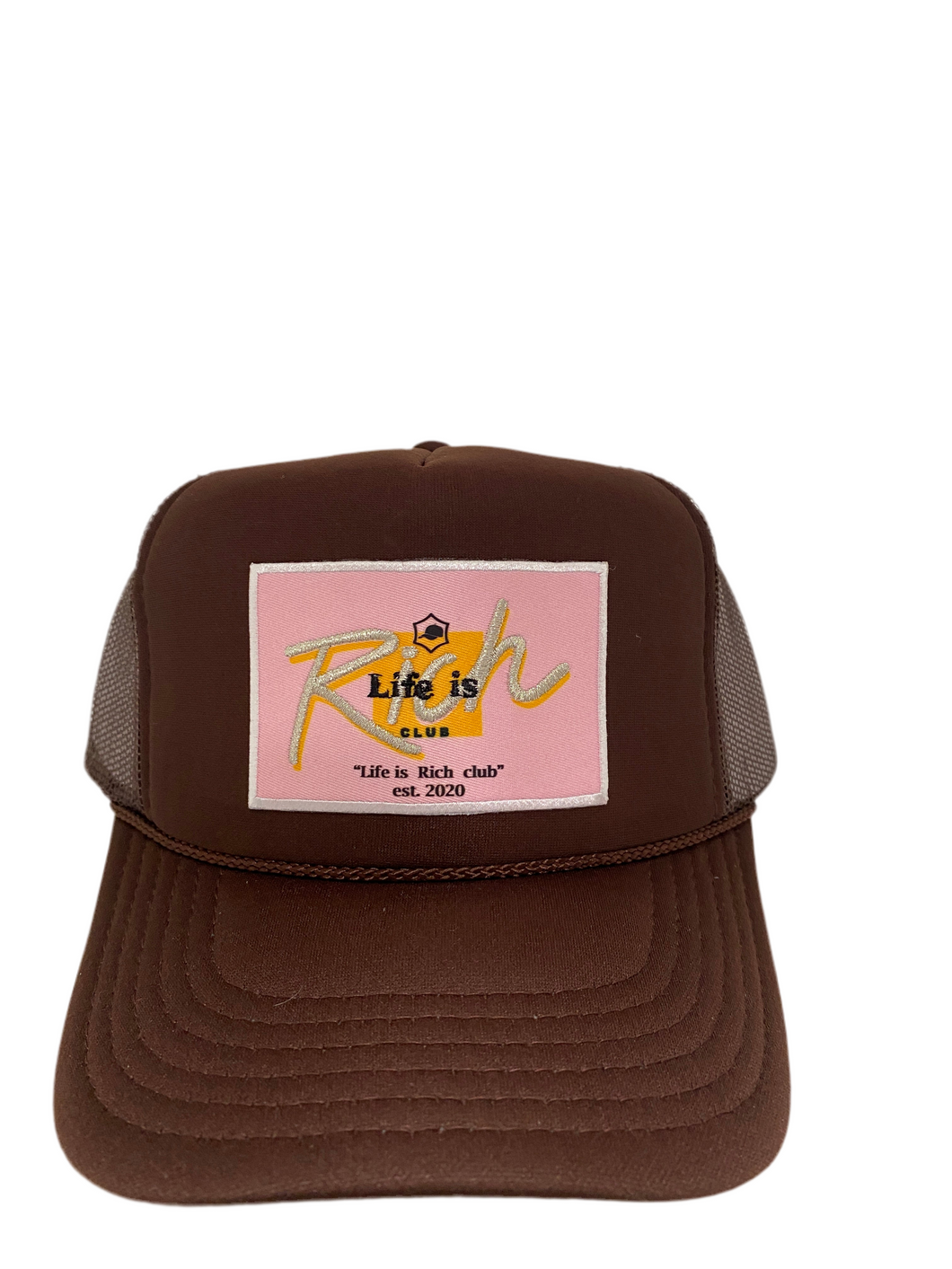 Brown with Pink Rich Box Logo- 5 Panel High Crown Trucker Hat