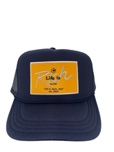 Load image into Gallery viewer, Navy Blue with Gold Rich Box Logo - 5 Panel High Crown Kids Trucker Hat

