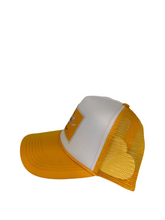 Load image into Gallery viewer, Two Toned Golden Yellow &amp; White with Gold Rich Box Logo - 5 Panel High Crown Trucker Hat
