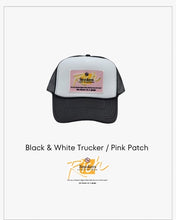 Load image into Gallery viewer, Black &amp; White with Pink Patch - 5 Panel High Crown RS Trucker Hat
