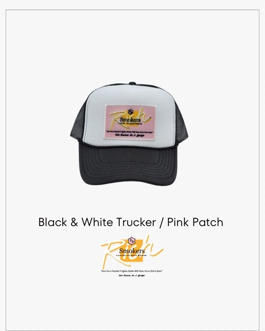 Black & White with Pink Patch - 5 Panel High Crown RS Trucker Hat