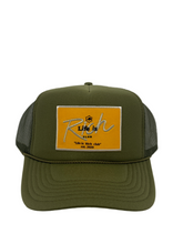 Load image into Gallery viewer, Olive Green with Gold Rich Box Logo- 5 Panel High Crown Trucker Hat
