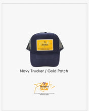 Load image into Gallery viewer, Navy Blue with Gold Patch - 5 Panel High Crown RS Trucker Hat
