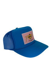 Load image into Gallery viewer, Neon Blue with Pink Rich Box Logo- 5 Panel High Crown Trucker Hat
