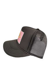 Load image into Gallery viewer, Charcoal Gray with Pink Rich Box Logo - 5 Panel High Crown Kids Trucker Hat
