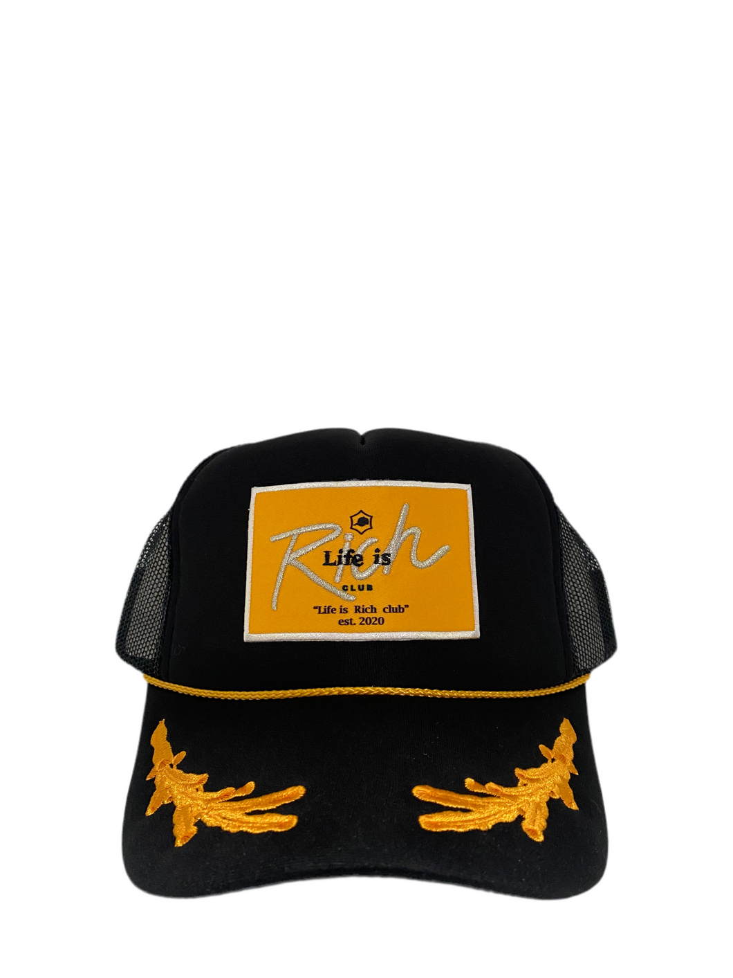 All Black & Gold Sailor with Gold Rich Box Logo - 5 Panel High Crown Trucker Hat