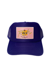 Load image into Gallery viewer, Purple with Pink Rich Box Logo- 5 Panel High Crown Trucker Hat
