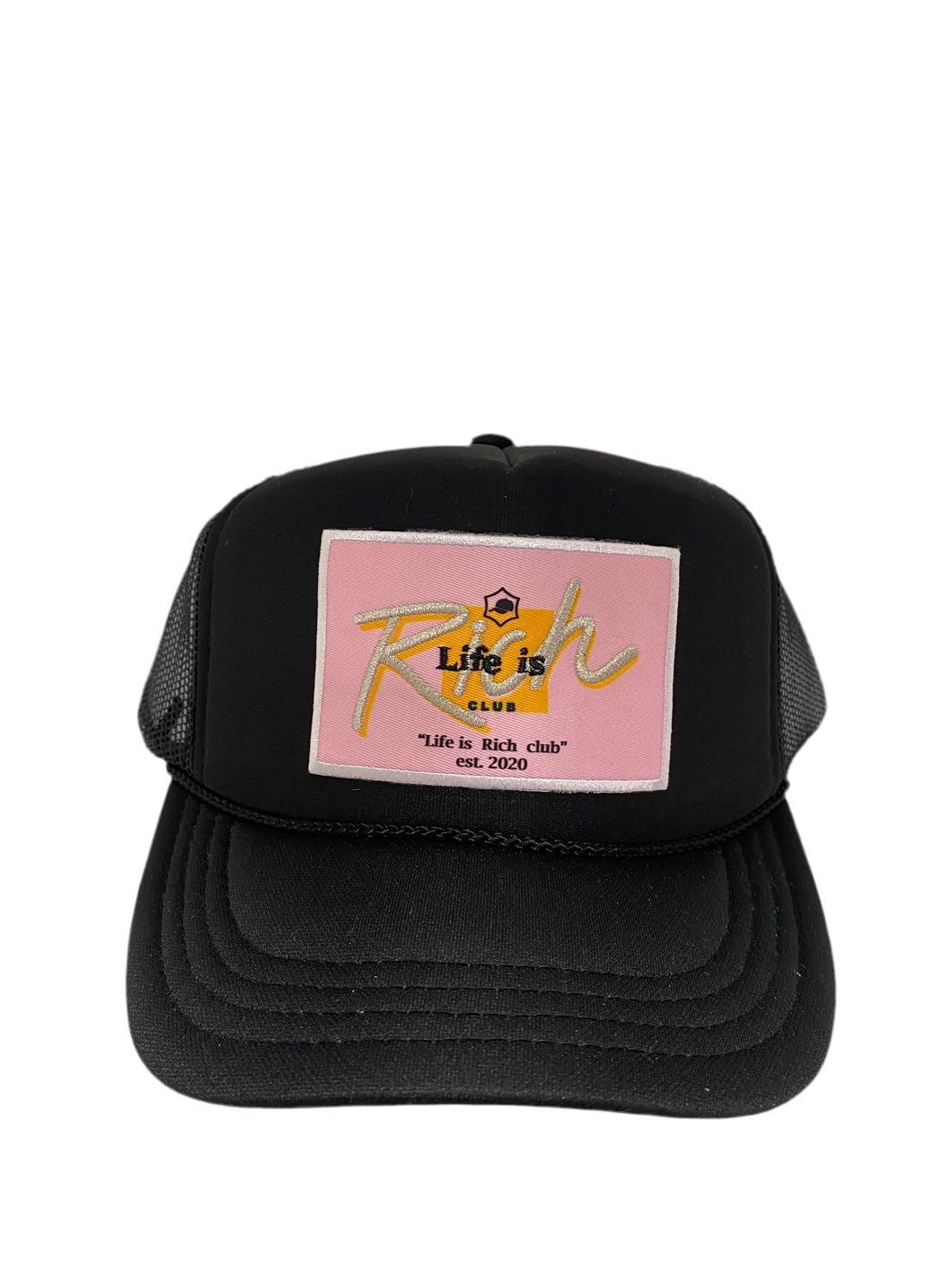 All Black with Pink Rich Box Logo - 5 Panel High Crown Kids Trucker Hat