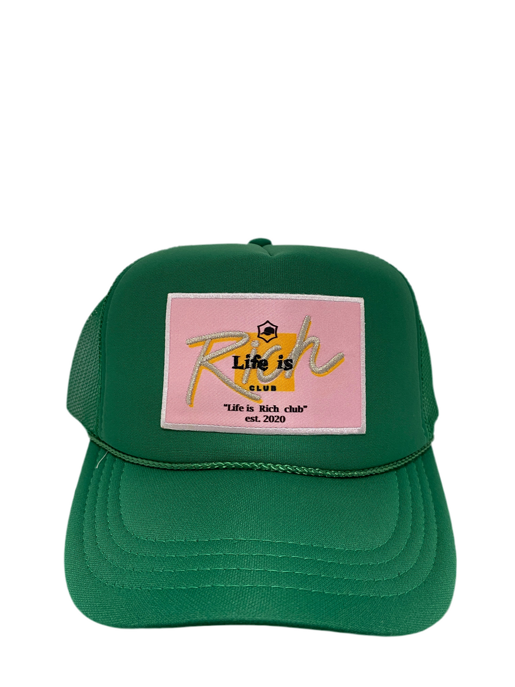 Kelly Green with Pink Rich Box Logo - 5 Panel High Crown Kids Trucker Hat