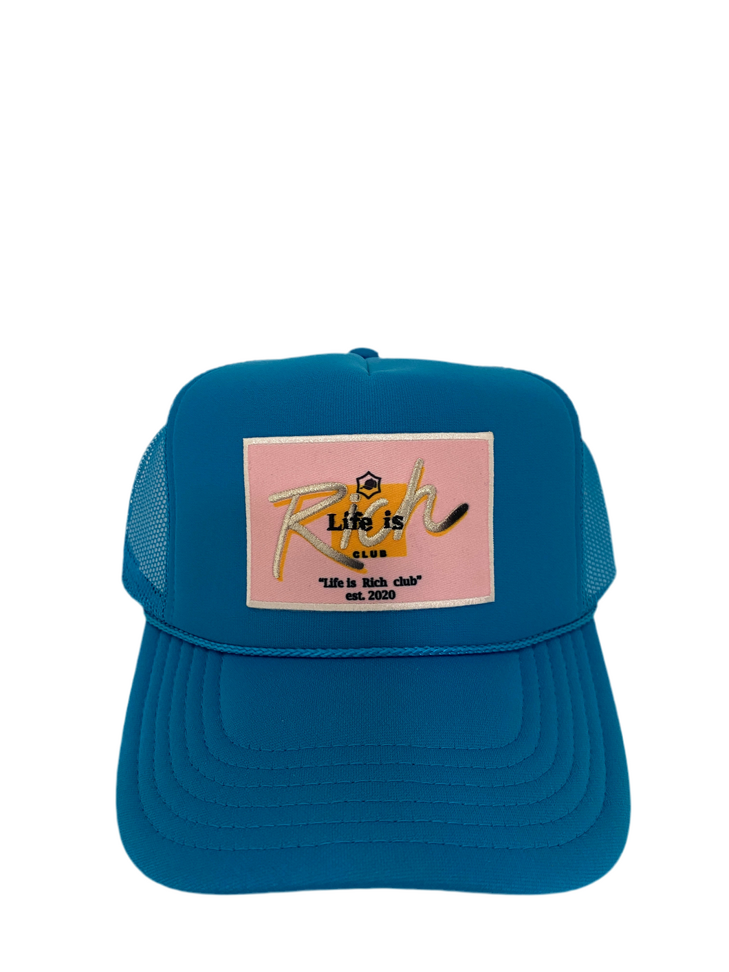 Turquoise Blue with Pink Rich Box Logo- 5 Panel High Crown Trucker Hat