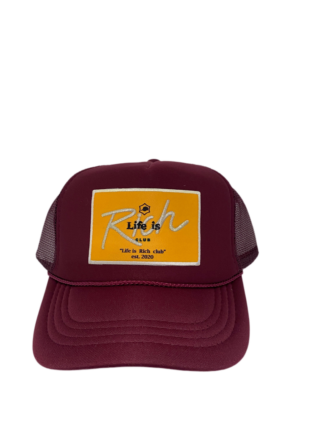 Burgundy with Gold Rich Box Logo - 5 Panel High Crown Kids Trucker Hat