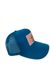 Load image into Gallery viewer, Turquoise Blue with Pink Rich Box Logo- 5 Panel High Crown Trucker Hat
