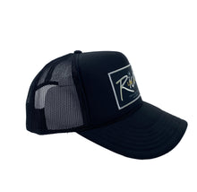 Load image into Gallery viewer, All Black with Black Rich Box Logo- 5 Panel High Crown Trucker Hat.
