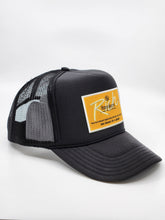 Load image into Gallery viewer, Black with Gold Patch - 5 Panel High Crown RS Trucker Hat
