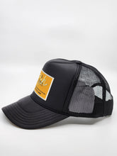 Load image into Gallery viewer, Black with Gold Patch - 5 Panel High Crown RS Trucker Hat
