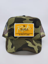 Load image into Gallery viewer, Camouflage with Gold Patch - 5 Panel High Crown RS Trucker Hat
