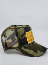 Load image into Gallery viewer, Camouflage with Gold Patch - 5 Panel High Crown RS Trucker Hat
