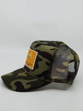 Load image into Gallery viewer, Camouflage with Gold Patch - 5 Panel High Crown RS Trucker Hat
