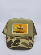 Load image into Gallery viewer, Bape Camo &amp; Olive Green with Gold Patch - 5 Panel High Crown RS Truscker Hat
