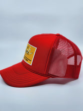 Load image into Gallery viewer, Red with Gold Patch - 5 Panel High Crown RS Trucker Hat
