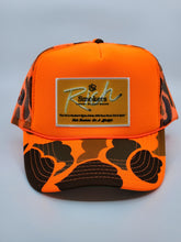 Load image into Gallery viewer, Neon Orange Camo with Gold Patch - 5 Panel High Crown RS Trucker Hat
