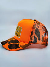 Load image into Gallery viewer, Neon Orange Camo with Gold Patch - 5 Panel High Crown RS Trucker Hat
