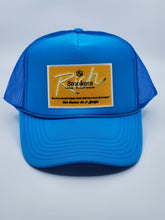 Load image into Gallery viewer, Neon Blue with Gold Patch - 5 Panel High Crown RS Trucker Hat
