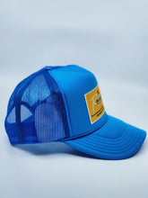 Load image into Gallery viewer, Neon Blue with Gold Patch - 5 Panel High Crown RS Trucker Hat
