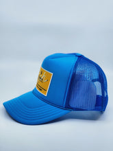 Load image into Gallery viewer, Neon Blue with Gold Patch - 5 Panel High Crown RS Trucker Hat
