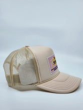 Load image into Gallery viewer, Bone Tan with Pink Patch - 5 Panel High Crown RS Trucker Hat
